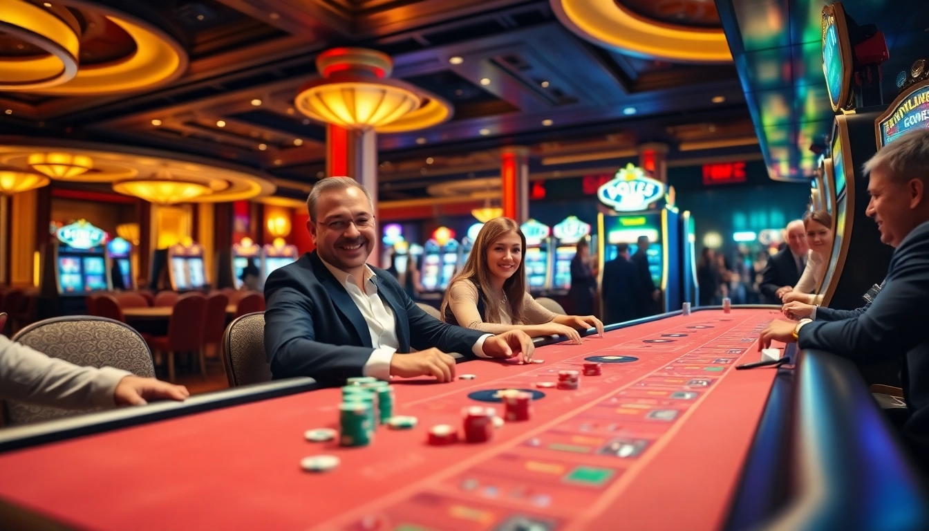 Engaging players at a vibrant casino en ligne, showcasing colorful lighting and rich decor.
