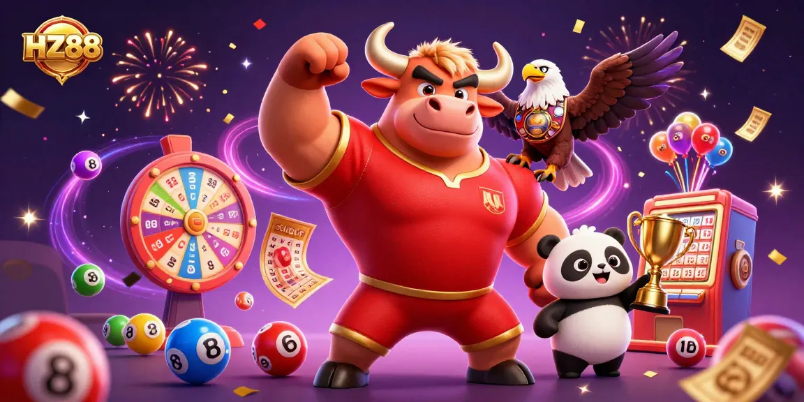 Celebrate big wins with HZ88 through a victory scene featuring dynamic gambling elements and colorful characters.
