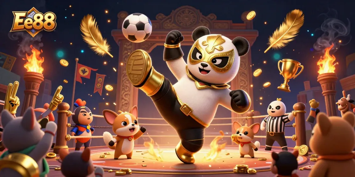 Experience thrilling action at Ee88 with a panda wrestler, chihuahua referee, and excited animal spectators in a vibrant casino setting.