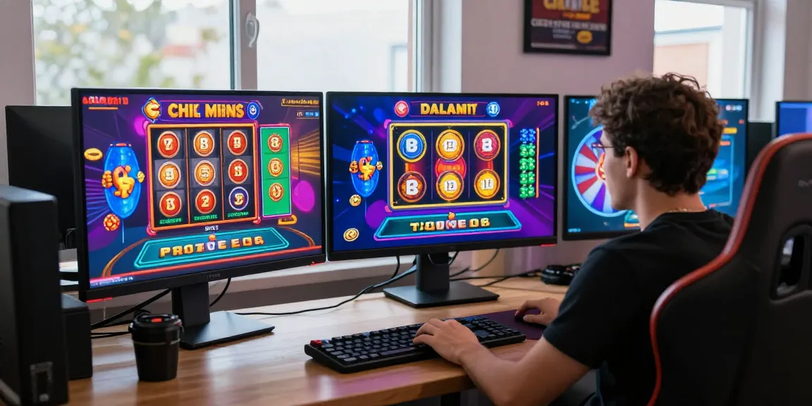 joueur passionné sur son ordinateur jouant à des jeux de casino en ligne, ambiance lumineuse et excitante, jeux variés avec bonus attractifs.