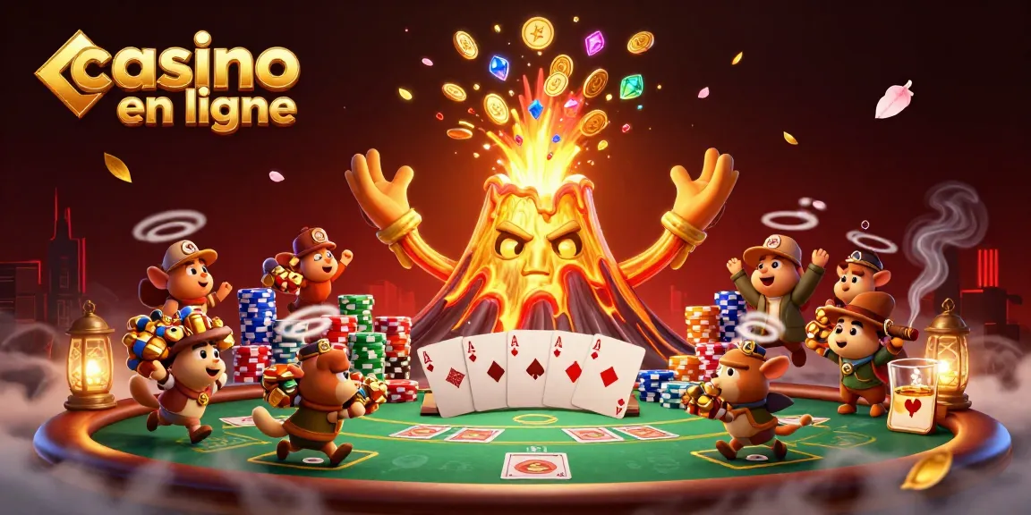Gagnez de l'argent avec casino en ligne et des trésors d'aventure sous un volcan en or.