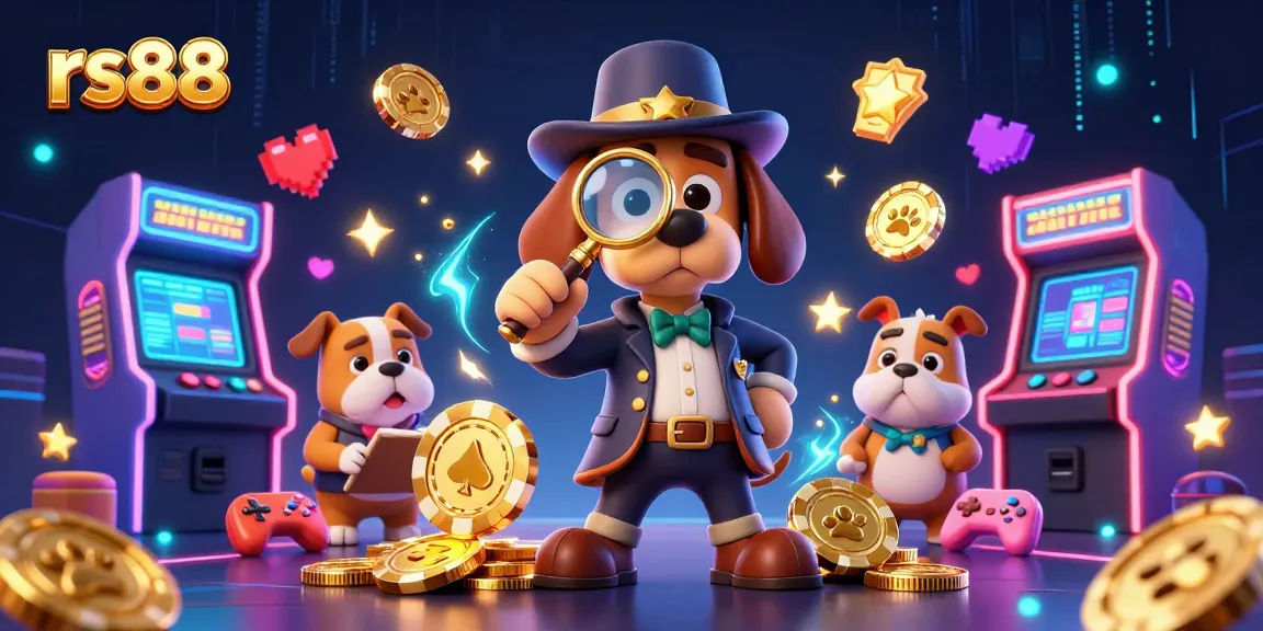 Experience the thrill of rs88 with a detective and bulldog uncovering treasures in a vibrant casino.
