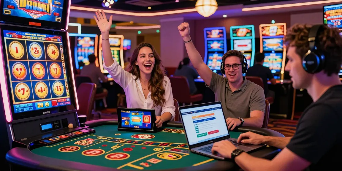 Scène de jeu passionnante sur un casino en ligne avec des joueurs heureux profitant de jeux variés, illustrant l'univers du casino en ligne.