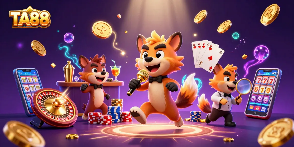 Engage with TA88's vibrant comedy casino scene featuring hyenas, slots, and poker action.