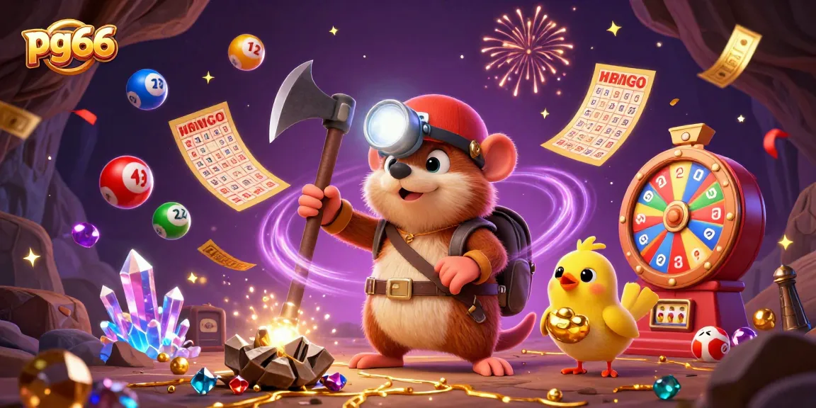Experience the excitement of pg66 with a treasure hunter mole surrounded by lottery elements in a casino cave