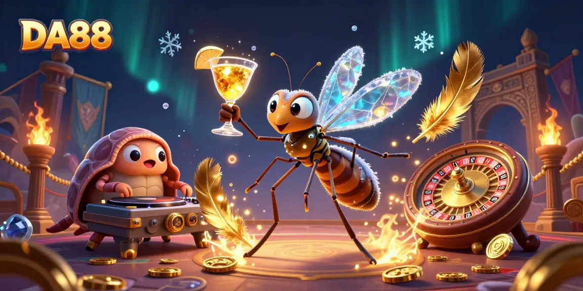 Experience the thrilling action of DA88, where a frozen-in-amber mosquito mascot holds a golden cocktail amidst dazzling casino elements.