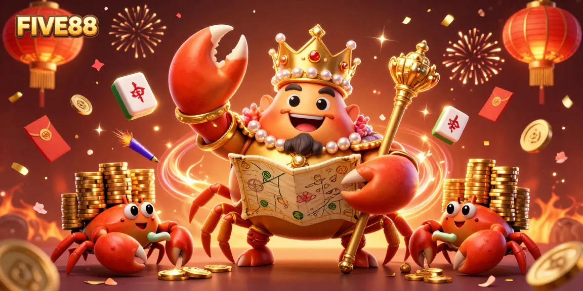 Experience the vibrant atmosphere of FIVE88 casino with a golden crab emperor and festive celebrations.
