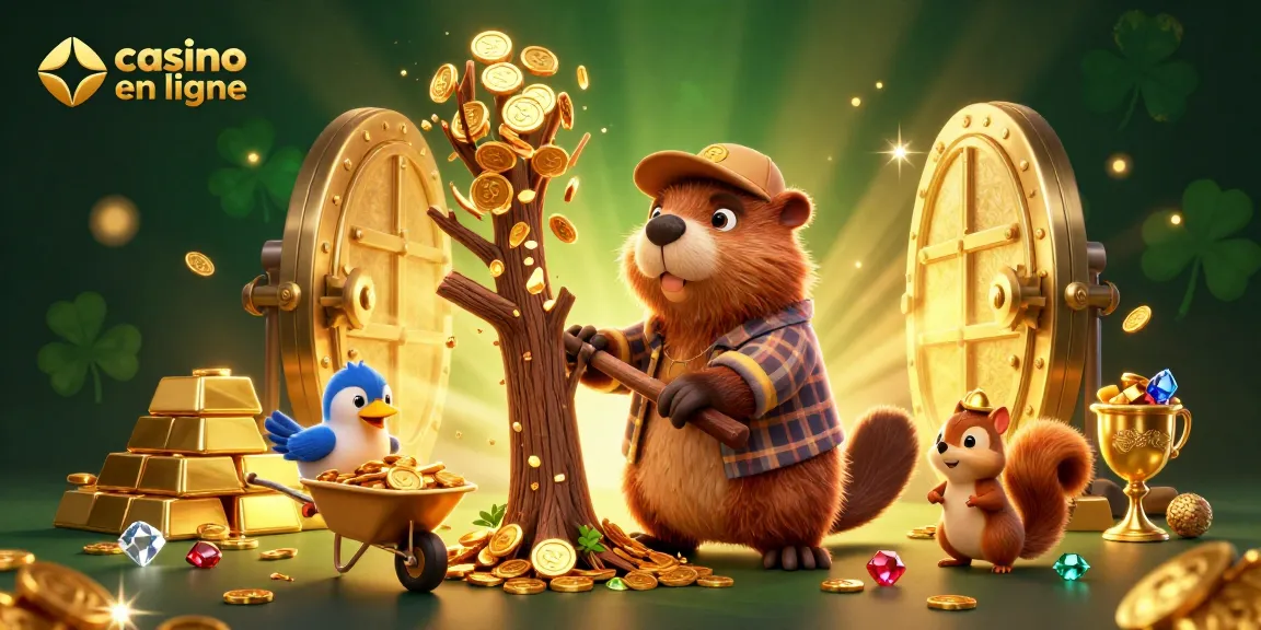Jouer au casino en ligne avec des éléments animés de gains en or et personnages heureux.
