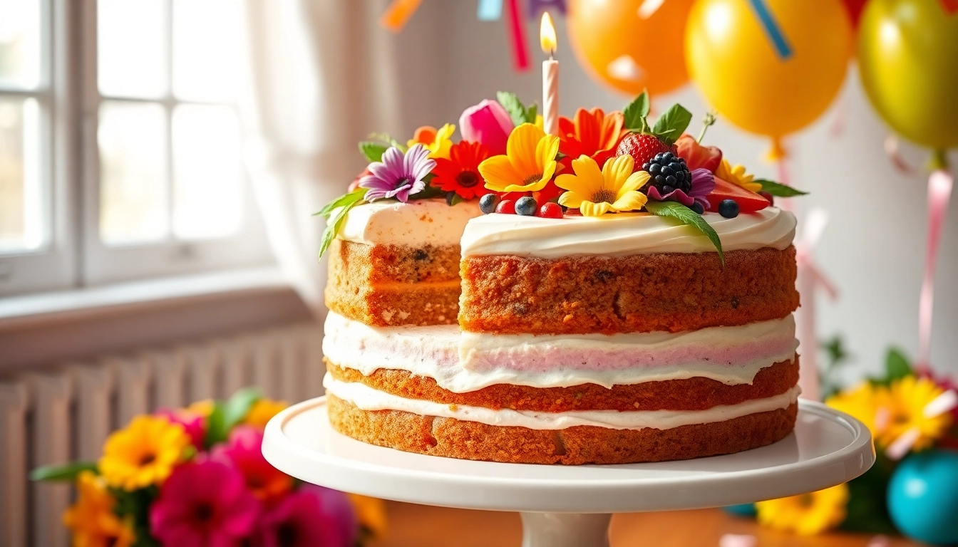 Décorez le VEGAN BIRTHDAY CAKE avec des fruits frais et des fleurs comestibles pour une fête.