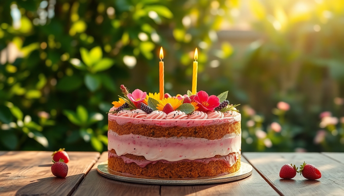 Préparez une VEGAN BIRTHDAY CAKE colorée et élégamment décorée avec des fruits frais.