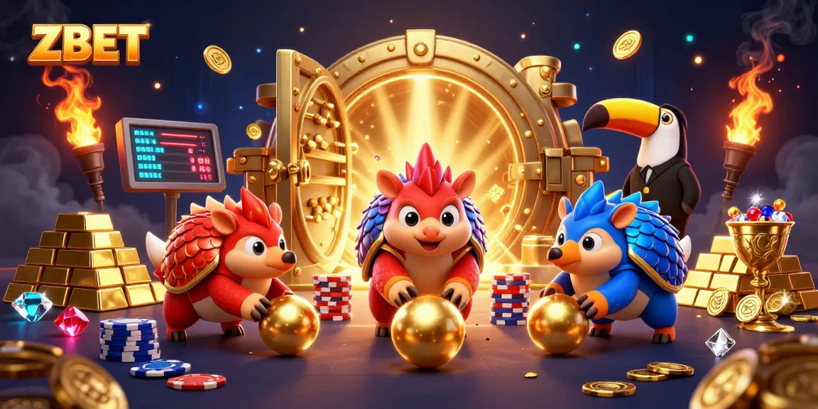 ZBET pangolins compete in a lively bowling game among poker chips and treasures.