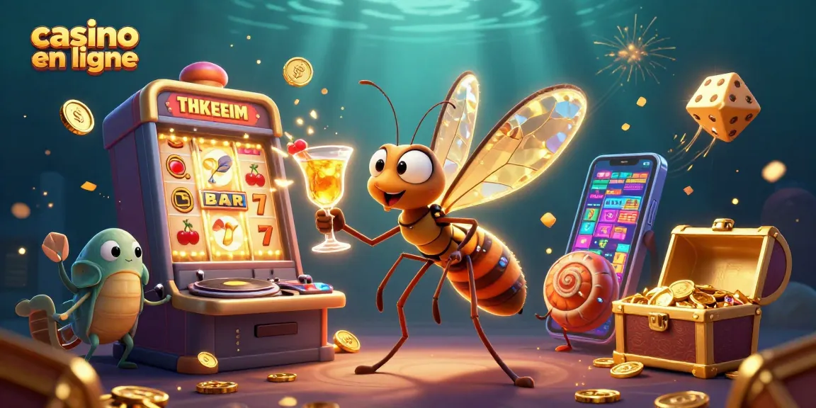 Jouez aux jeux de casino en ligne avec un personnage de moustique représentant une mascotte, autour de machines à sous et de symboles chanceux.