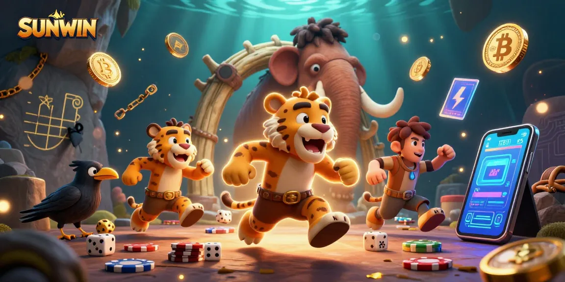 SUNWIN gamifies with caveman and tiger in a prehistoric casino scene featuring crypto elements.