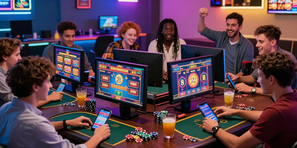 Un groupe d'amis jouant ensemble sur des jeux de casino en ligne dans une ambiance moderne, casino en ligne vibrant et dynamique.