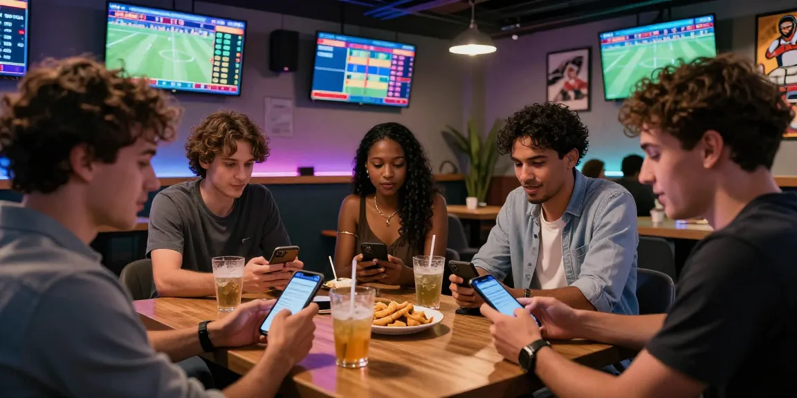 Scène de paris sportifs modernes avec des amis vérifiant les cotes sur des smartphones dans un bookmaker français.