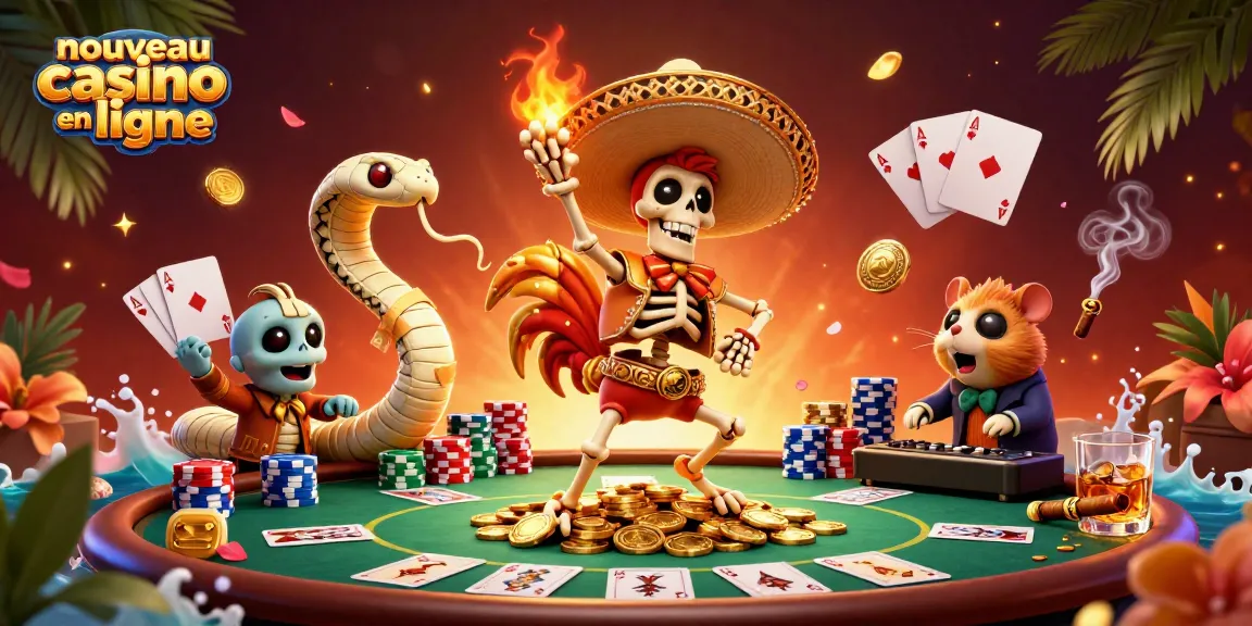 Nouveau casino en ligne avec des personnages animés célébrant sur des jetons de poker colorés et une ambiance festive.