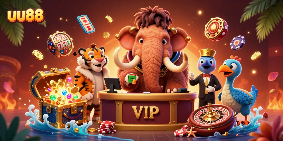 Check IDs at uu88's casino door with a woolly mammoth bouncer and vibrant gaming elements.