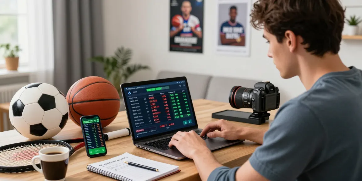 Scène de betting avec un bookmaker sans limite de mise, parieur analysant les cotes sur un ordinateur.