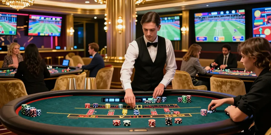 Casino en ligne avec ambiance luxueuse, joueurs engagés et croupier élégant à la roulette.