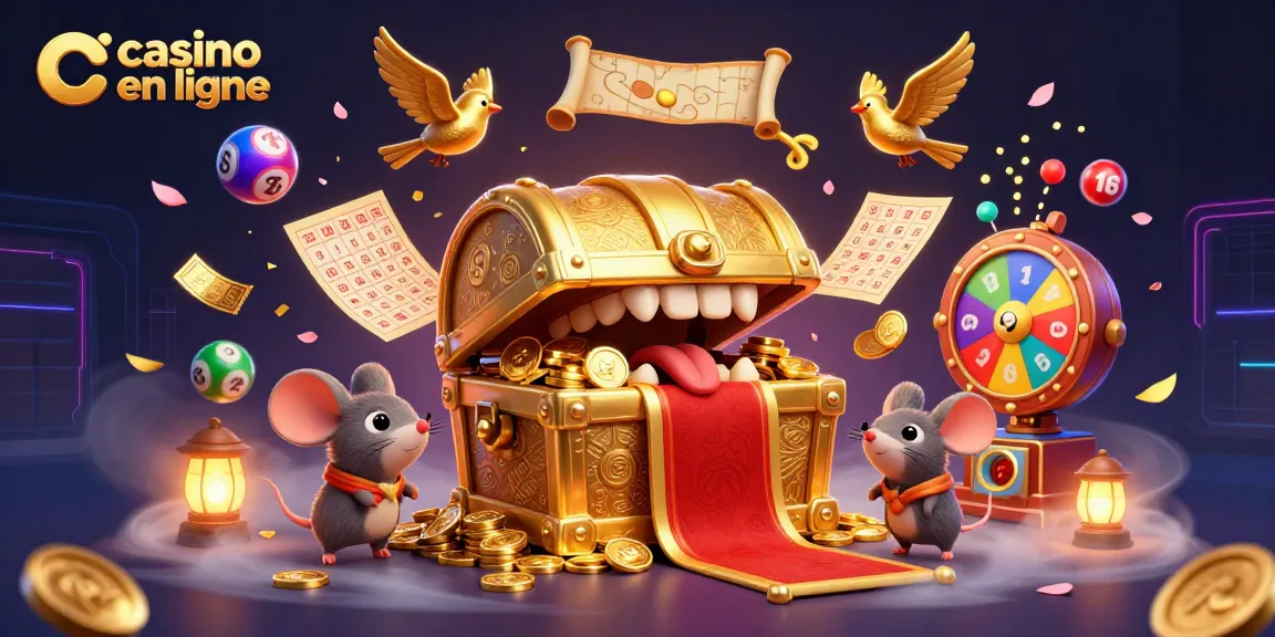 Une illustration 3D détaillée de 'casino en ligne' représentant un coffre au trésor doré attirant des souris aventurières avec des éléments de jeu dynamiques.
