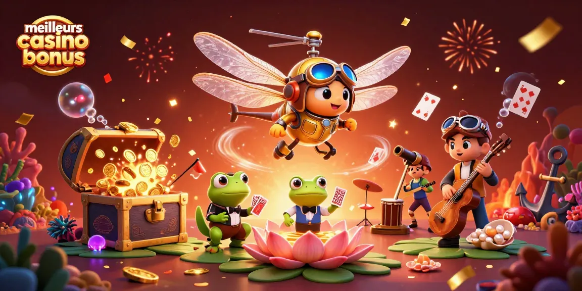 Explore les meilleurs casino bonus avec un pilote libellule et un croupier grenouille dans une scène festive.