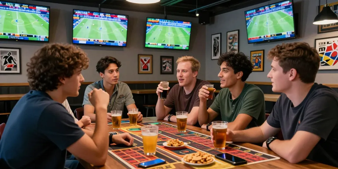Scène de paris sportifs animée avec un bookmaker sans limite de mise, parieurs enthousiastes, écrans de sport et ambiance conviviale.