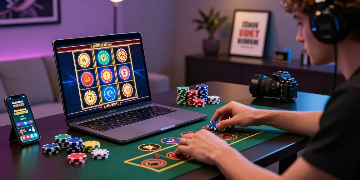 Joueur de casino en ligne avec des jetons colorés et des graphismes de machines à sous, ambiance énergique et moderne.