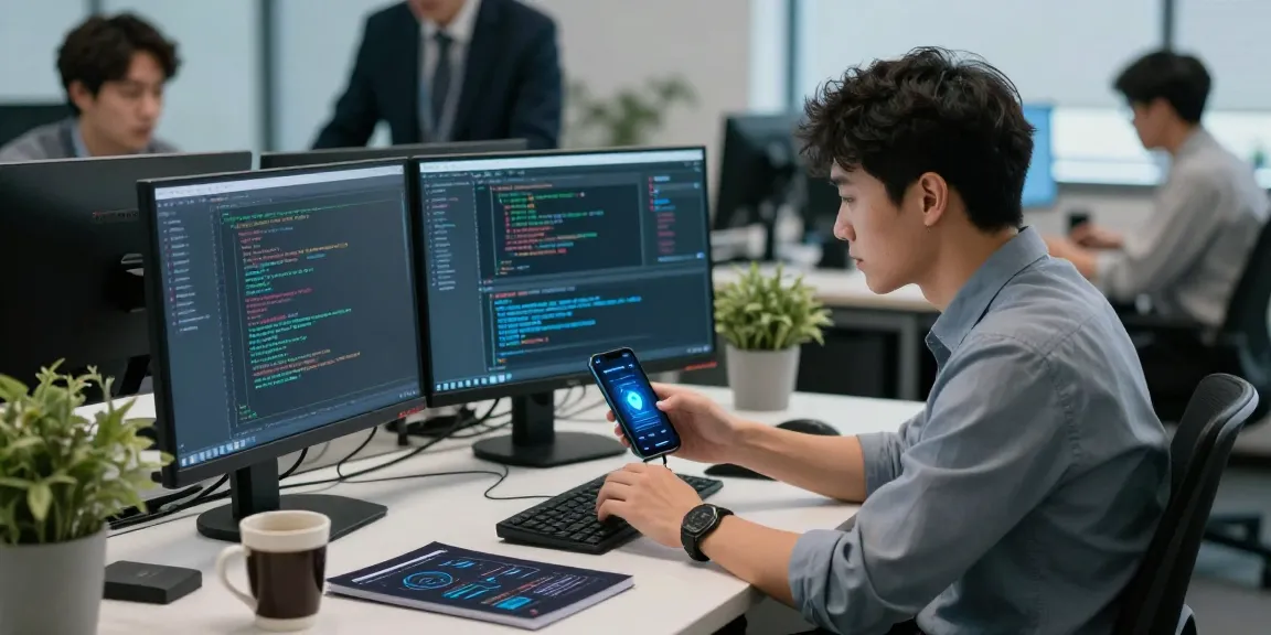 Analyse des menaces avec application espion sur smartphone dans un bureau moderne