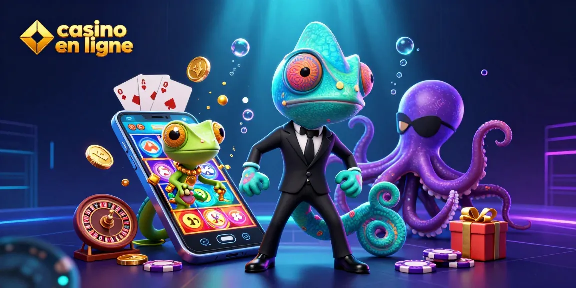 Visitez un casino en ligne avec un agent caméléon et un gecko dans un monde ludique.