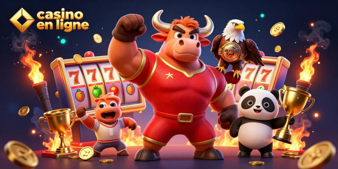 Des joueurs enthousiastes découvrent le casino en ligne, illustré par un bull mascotte triomphant, une aigle en ceinture, et un panda avec un trophée.