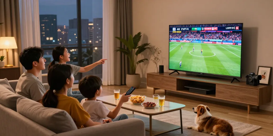 Famille profitant de l'abonnement IPTV pour regarder un match en 4K dans leur salon moderne.