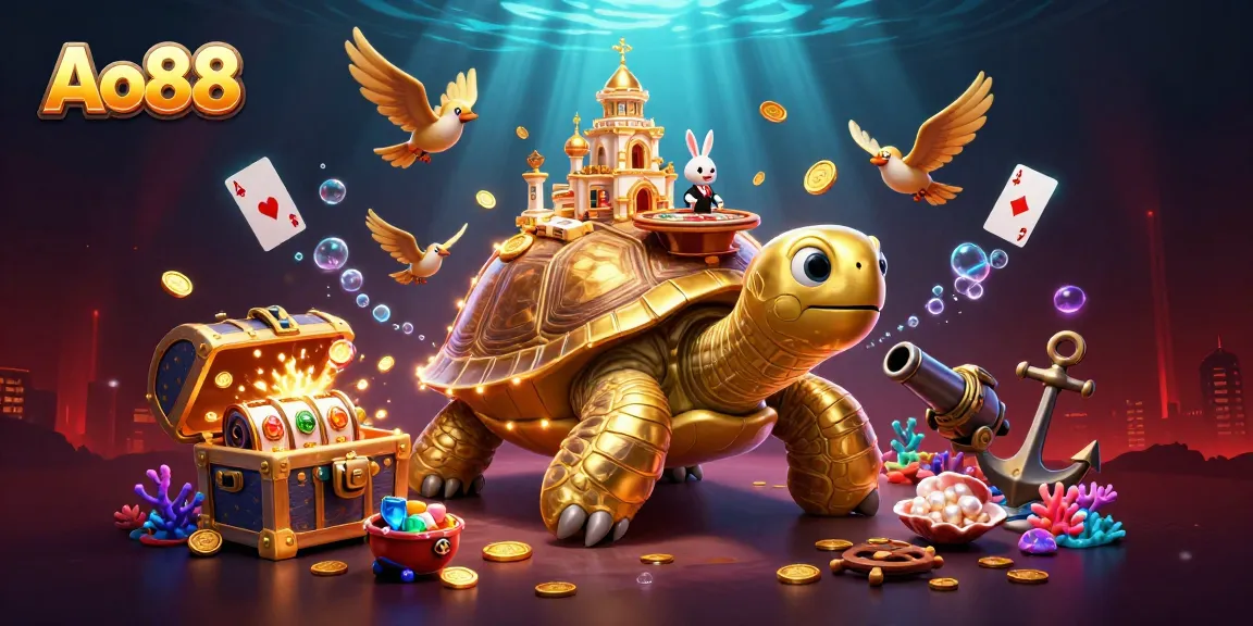 Experience the excitement of Ao88 with a vibrant, detailed 3D illustration of a cartoon tortoise casino.
