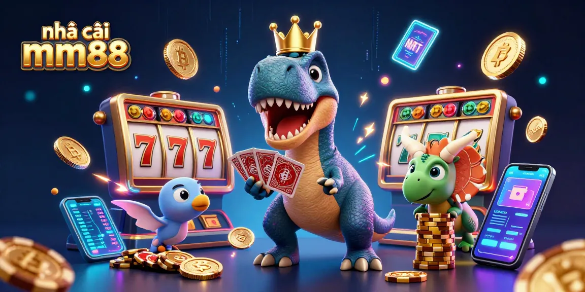 Engage with nhà cái mm88 featuring a T-Rex shuffling cards alongside vibrant gambling elements.