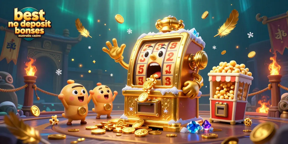 Best no deposit bonuses Australia casino showcased in vibrant 3D illustration with surprise slot machines and gold coins.