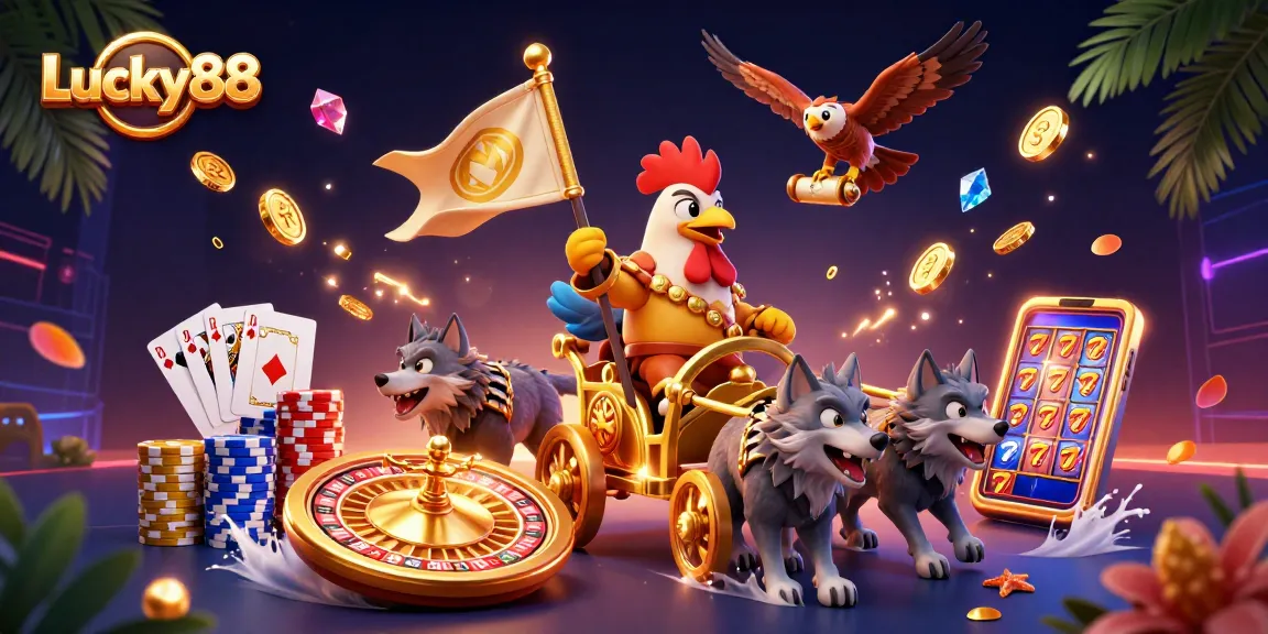 Experience the excitement of Lucky88 with a vibrant illustration of a rooster warlord in a casino scene.