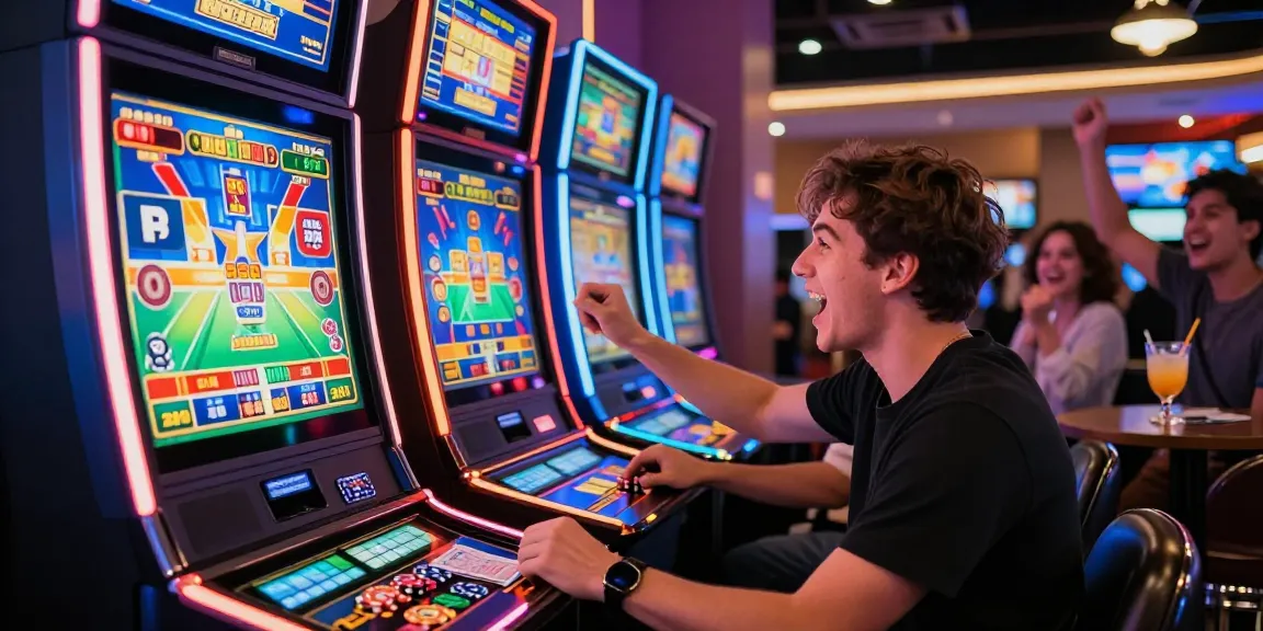 Joueur gagnant au casino en ligne le plus payant, ambiance joyeuse avec lumières et machines à sous.