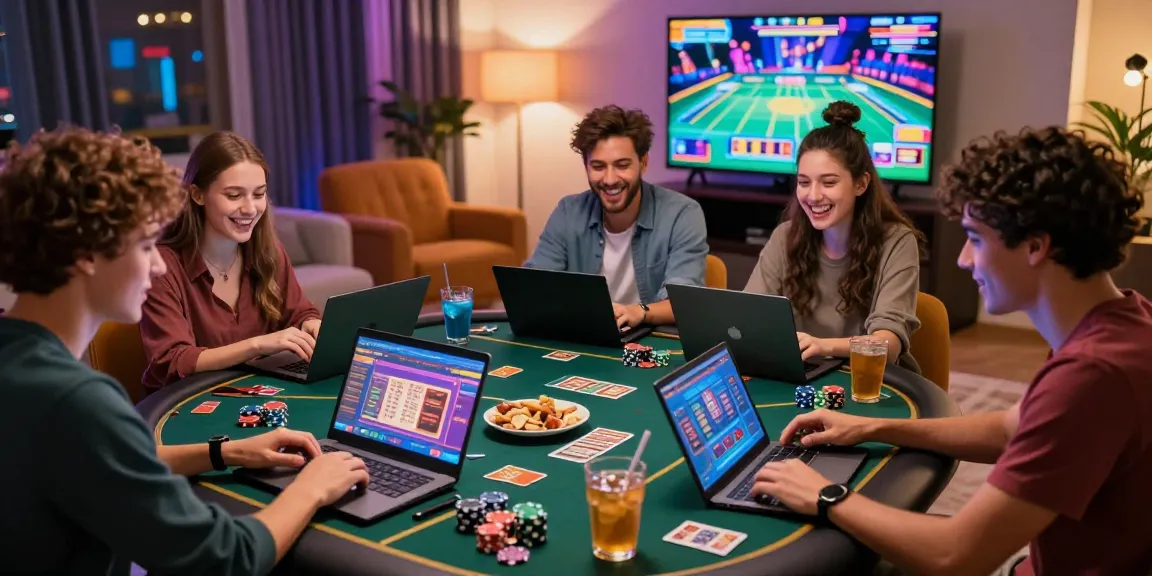 Scène de jeu en ligne de casino en ligne avec des amis profitant de jeux palpitants dans un cadre accueillant.