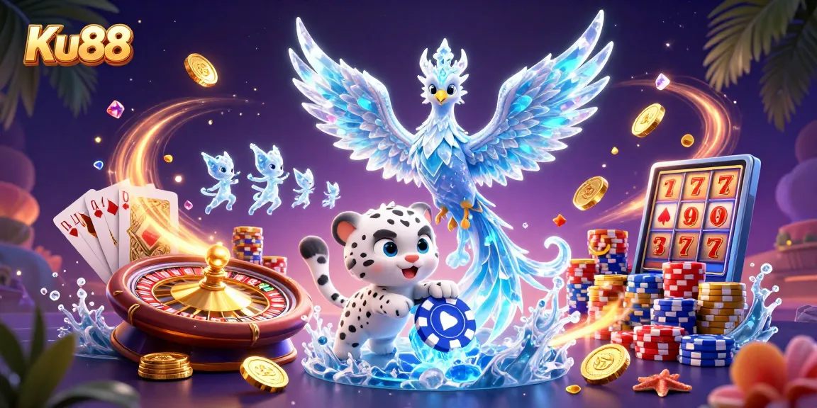 Engage with Ku88's immersive casino world featuring a vibrant 3D scene with an ice phoenix and gaming elements.