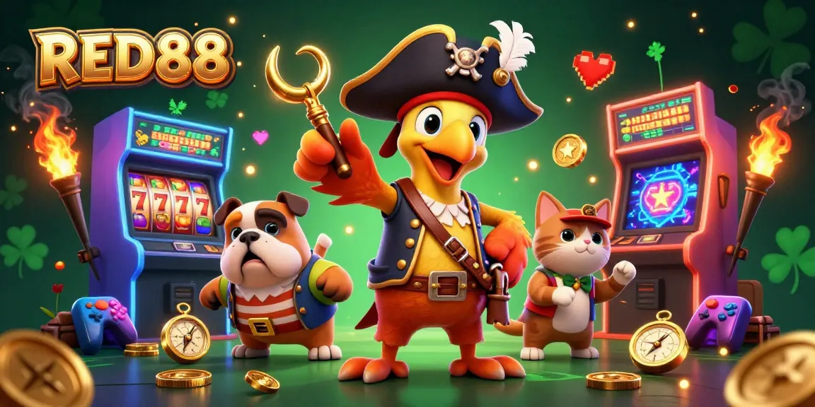 Experience thrill and excitement with RED88 as a cartoon pirate captain navigates a vibrant casino theme.