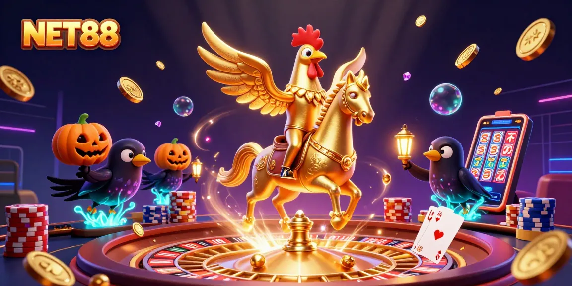 Experience the thrill at NET88 with a golden rooster in a vibrant casino adventure!