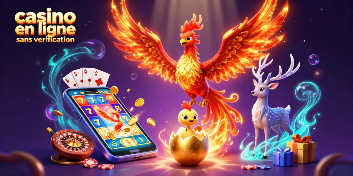 Un phoenix flamboyant et un œuf doré au centre d'éléments de jeu de casino en ligne sans vérification.