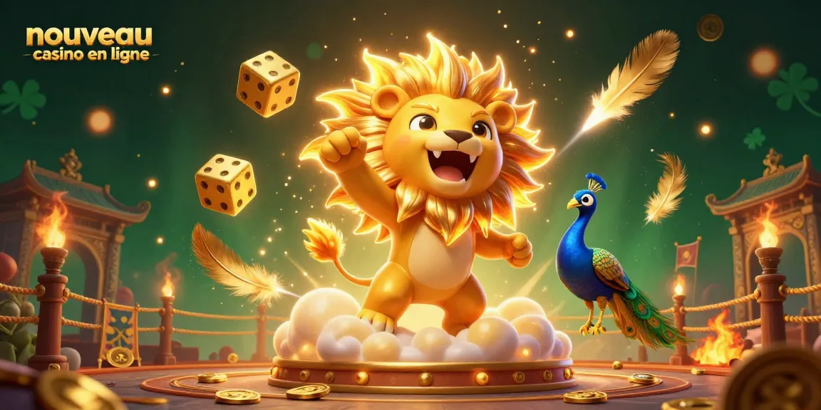 Profitez d'une expérience immersive dans un nouveau casino en ligne avec ce lion ensoleillé et des dés dorés.