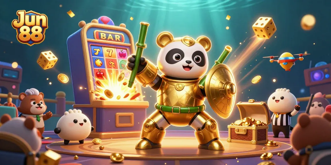 Engage with Jun 88's thrilling gaming experience featuring a panda in a mech-suit surrounded by casino elements.
