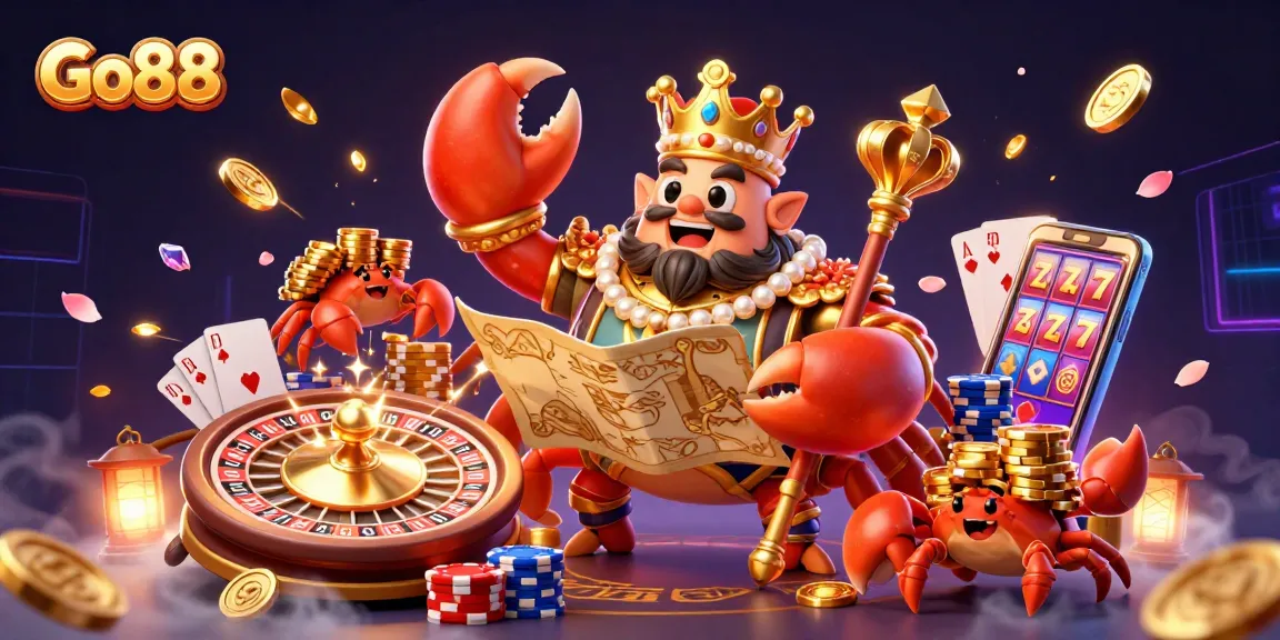 Experience the excitement of Go88 with the golden crab emperor amidst cascading coins and a roulette wheel.