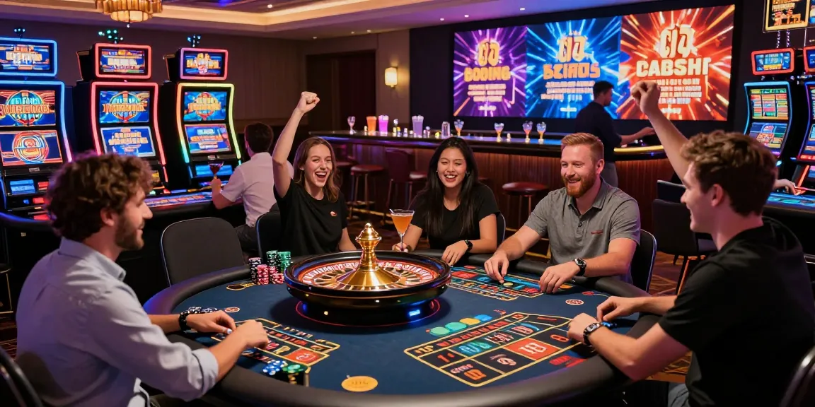 Casino en ligne dynamique avec joueurs autour de tables de jeux et machines à sous illuminées.