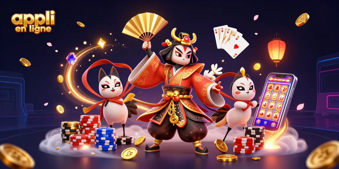 Illustration d'une appli casino en ligne avec un guerrier kabuki, des pièces d'or et des jeux de cartes.