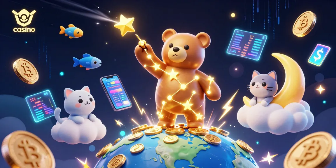 Jouez sur un crypto casino avec des graphiques 3D colorés de monnaies et un ours constellation.