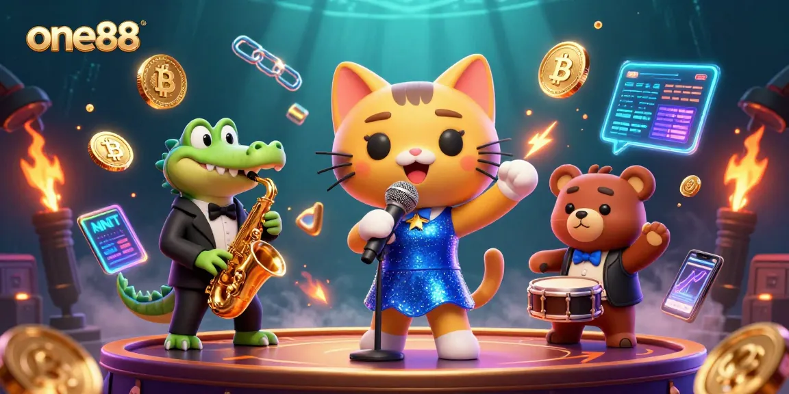 Experience the vibrant world of one88 with a joyous cartoon band performing amidst neon coins and blockchain elements.