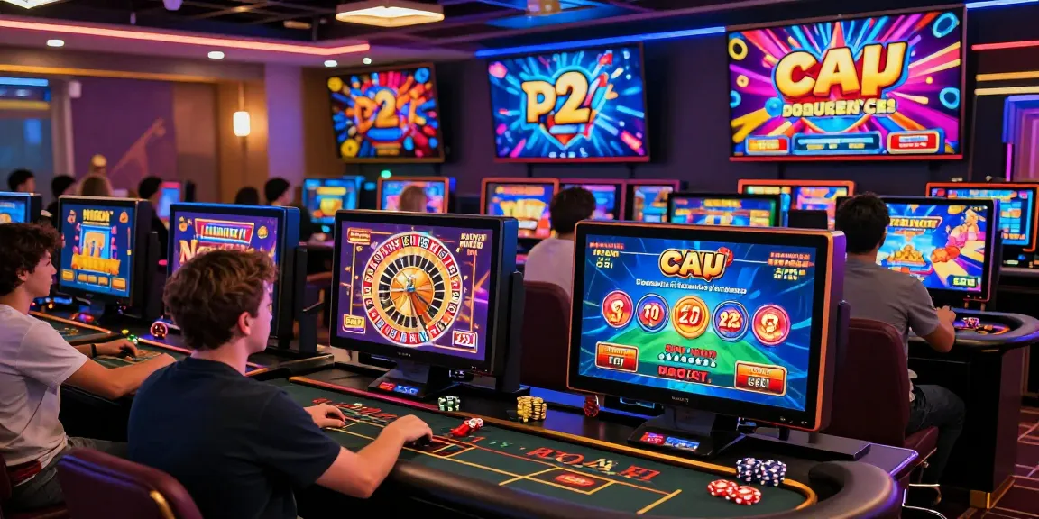 Scène de casino en ligne avec des joueurs engagés, jeux de machines à sous et roulette en direct.