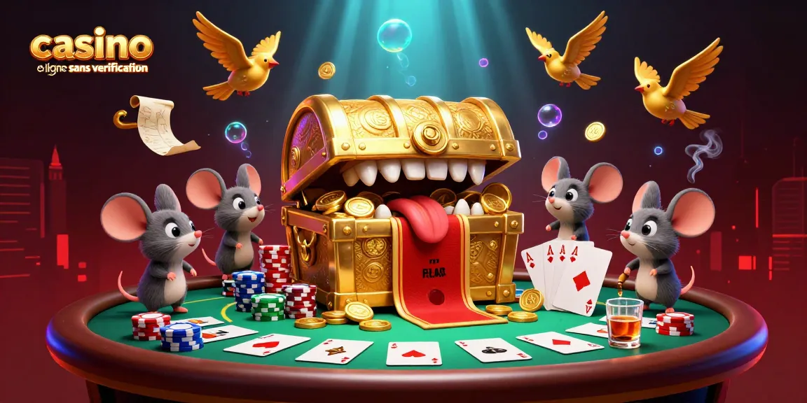 Profitez de l'expérience d'un casino en ligne sans vérification avec un coffre au trésor et des cartes de poker.